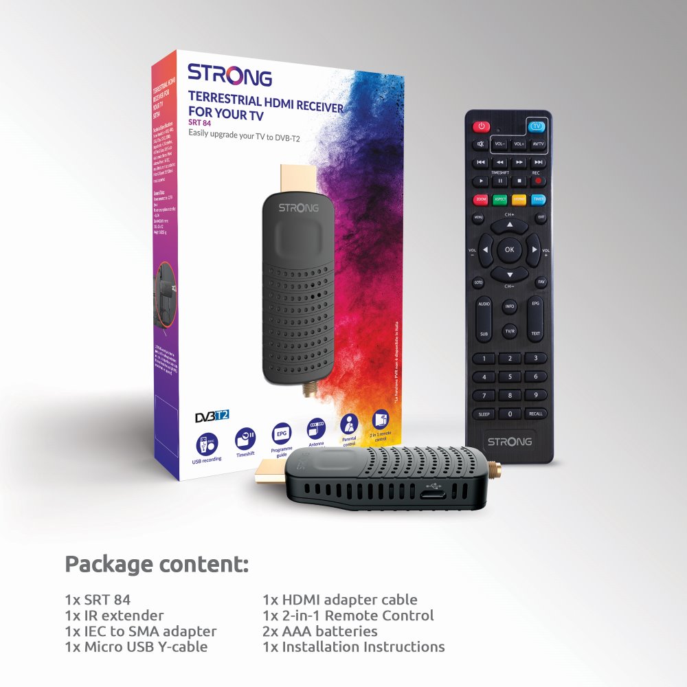 STRONG DVB-T/T2 tuner HDMI stick SRT 84/ Full HD/ H.265/HEVC/ externí anténa/ EPG/ PVR/ HDMI/ USB/ micro USB/ IR/ černý