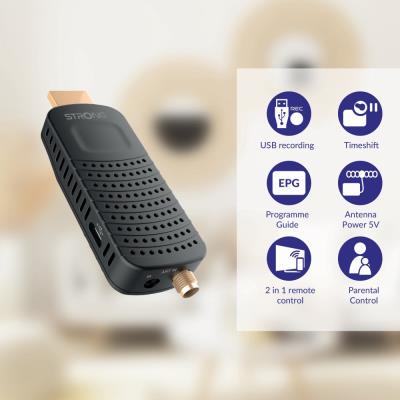 STRONG DVB-T/T2 tuner HDMI stick SRT 84/ Full HD/ H.265/HEVC/ externí anténa/ EPG/ PVR/ HDMI/ USB/ micro USB/ IR/ černý