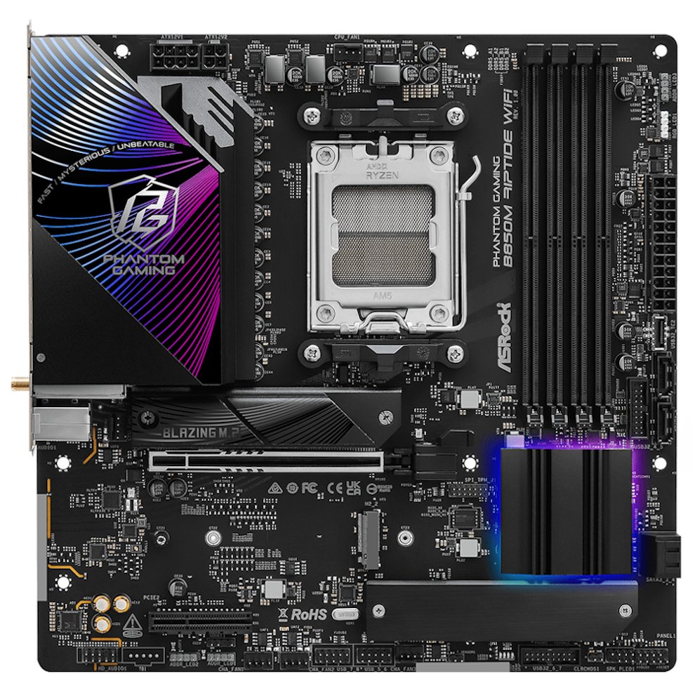 ASRock B850M Riptide WiFi / AMD B850 / AM5 / 4x DDR5 DIMM / 3x M.2 / HDMI / DP / USB-C / WiFi / mATX