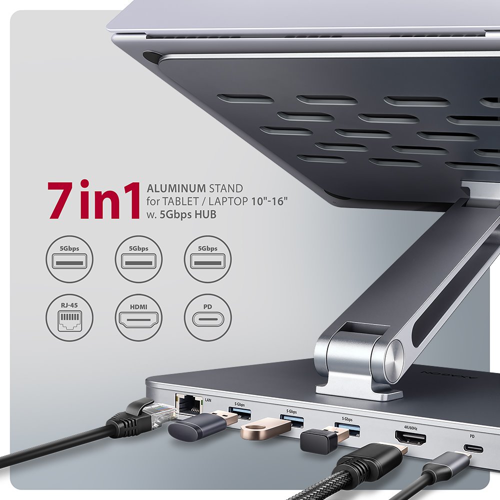 AXAGON hliníkový stojan pro notebooky velikosti 10" - 16" s USB hubem / HMC-STND /  HDMI / 3xUSB-A / GLAN / PD