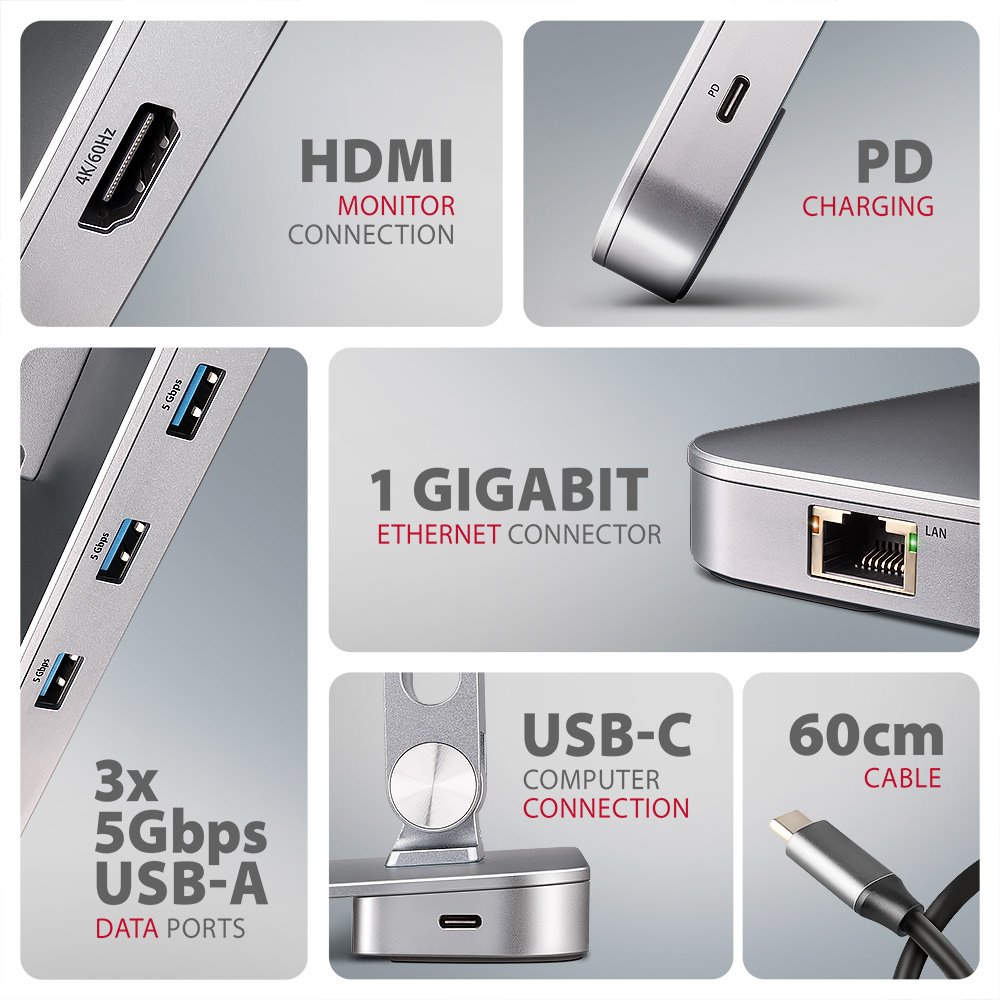 AXAGON hliníkový stojan pro notebooky velikosti 10" - 16" s USB hubem / HMC-STND /  HDMI / 3xUSB-A / GLAN / PD