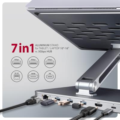 AXAGON hliníkový stojan pro notebooky velikosti 10" - 16" s USB hubem / HMC-STND /  HDMI / 3xUSB-A / GLAN / PD