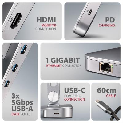 AXAGON hliníkový stojan pro notebooky velikosti 10" - 16" s USB hubem / HMC-STND /  HDMI / 3xUSB-A / GLAN / PD
