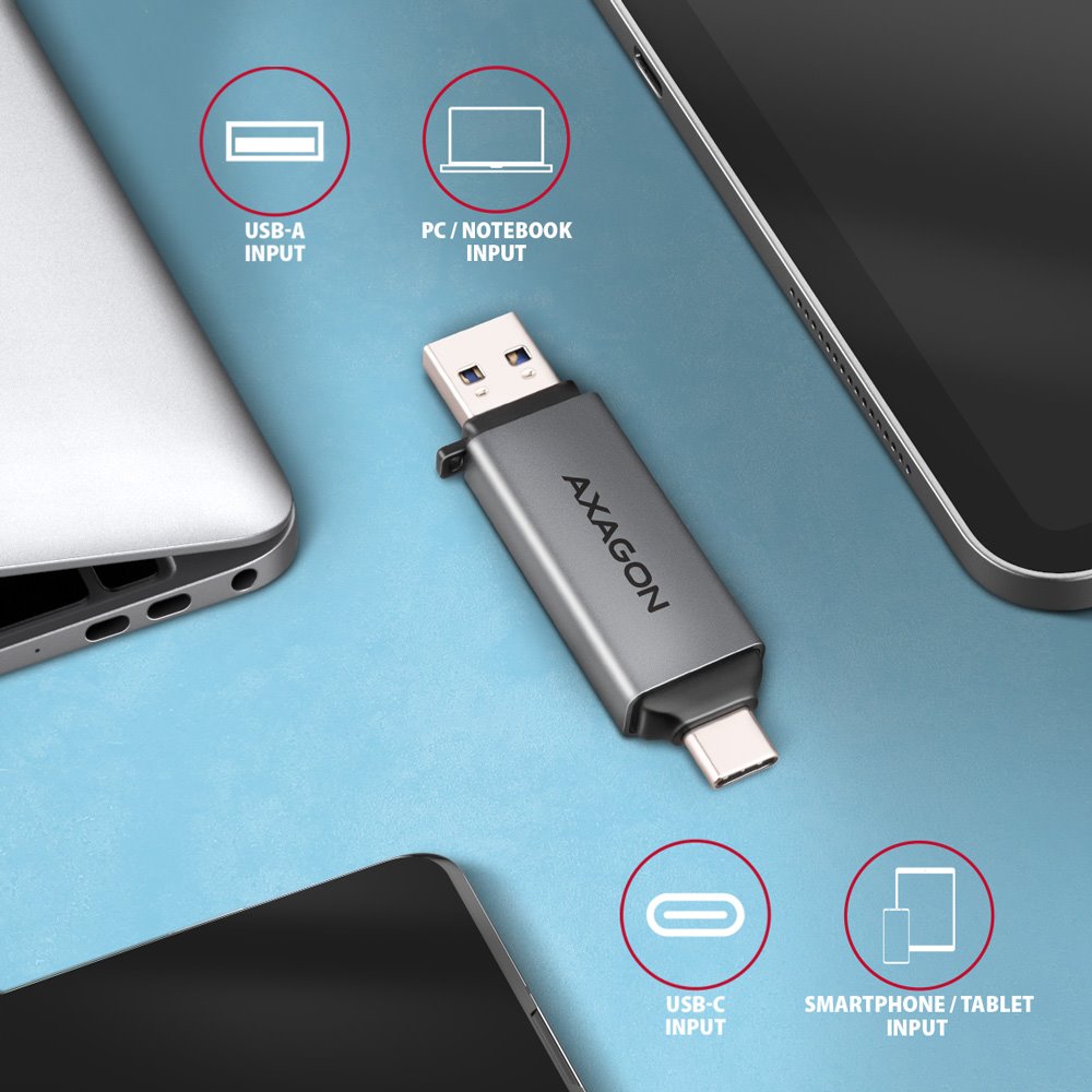 AXAGON čtečka paměťových karet microSD/SD / CRE-DAC / USB 3.2 gen1 / USB-A + USB-C / kovové tělo