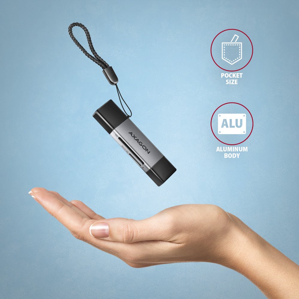 AXAGON čtečka paměťových karet microSD/SD / CRE-DAC / USB 3.2 gen1 / USB-A + USB-C / kovové tělo