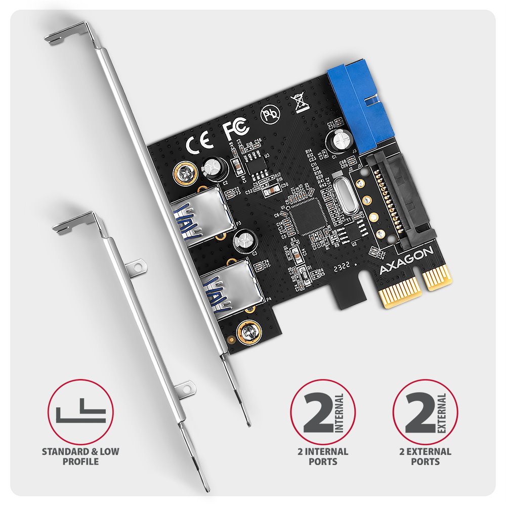 AXAGON řadič do PCIe pro 2x USB Typ-A / 2x USB interní / USB 5Gbps / PCEU-232RS / SP & LP / čip Renesas