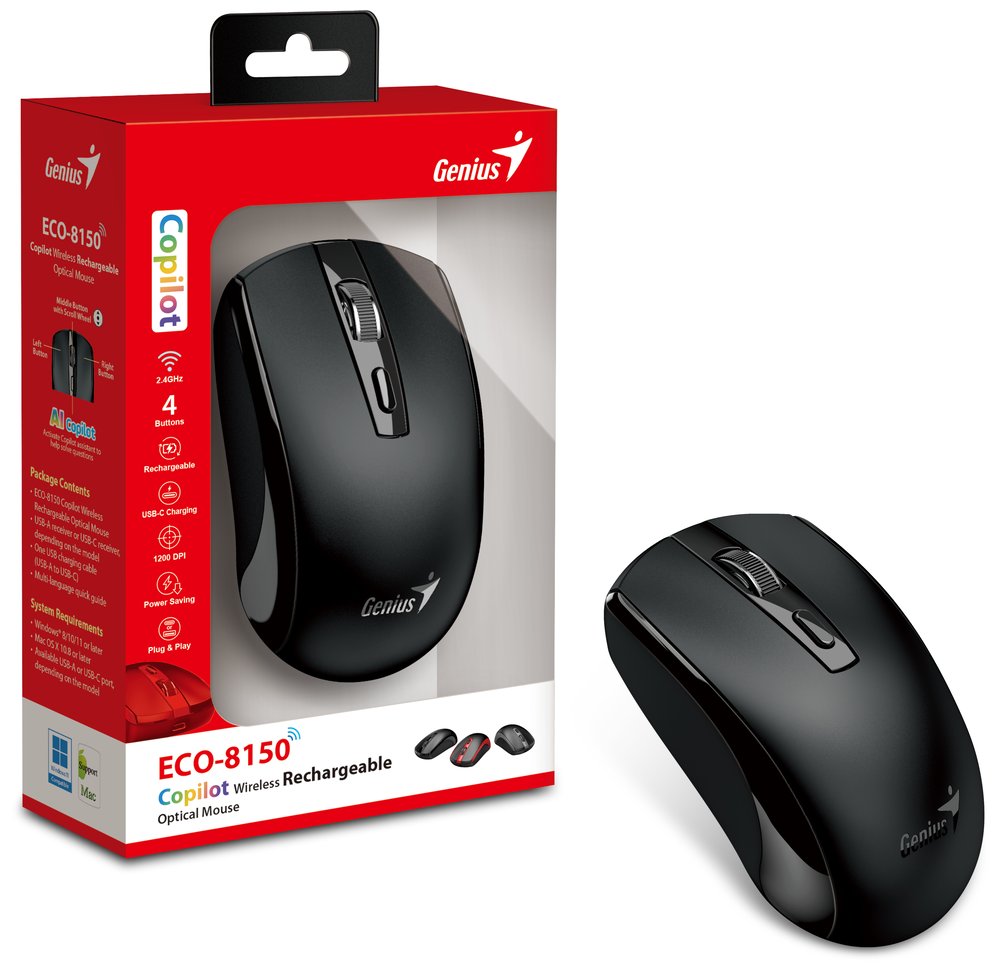GENIUS ECO-8150 Black/ 1200 dpi/ bezdrátová/ dobíjecí/ Copilot/ 4tlačítková/ černá