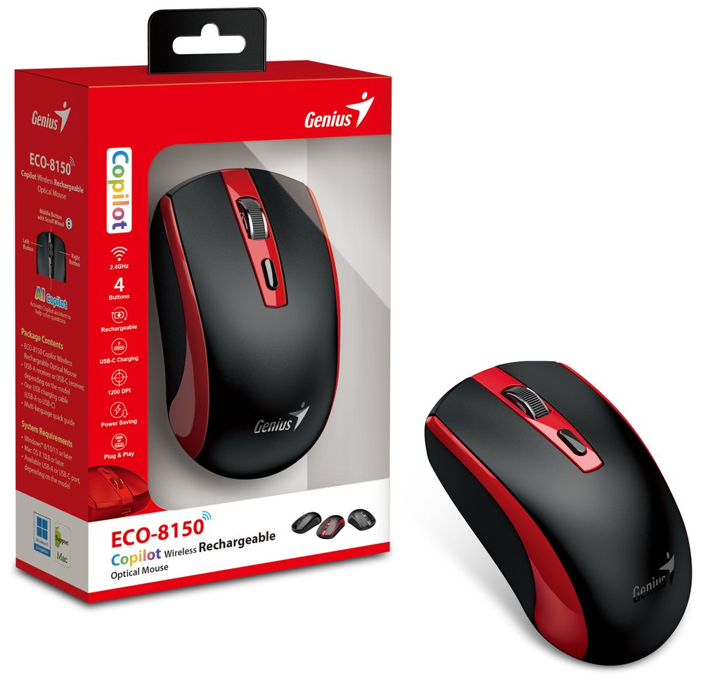 GENIUS ECO-8150 Red/ 1200 dpi/ bezdrátová/ dobíjecí/ Copilot/ 4tlačítková/ černočervená