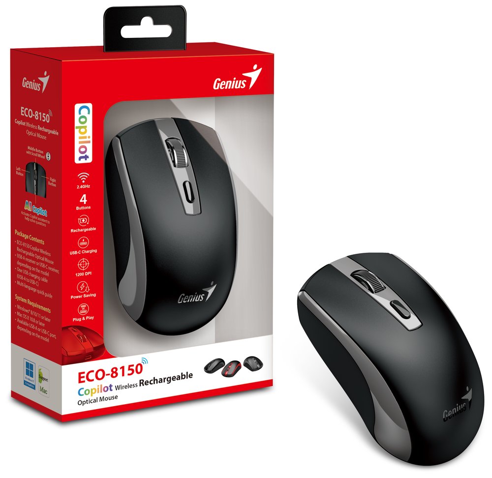 GENIUS ECO-8150 BlackGrey/ 1200 dpi/ bezdrátová/ dobíjecí/ Copilot/ 4tlačítková/ černošedá