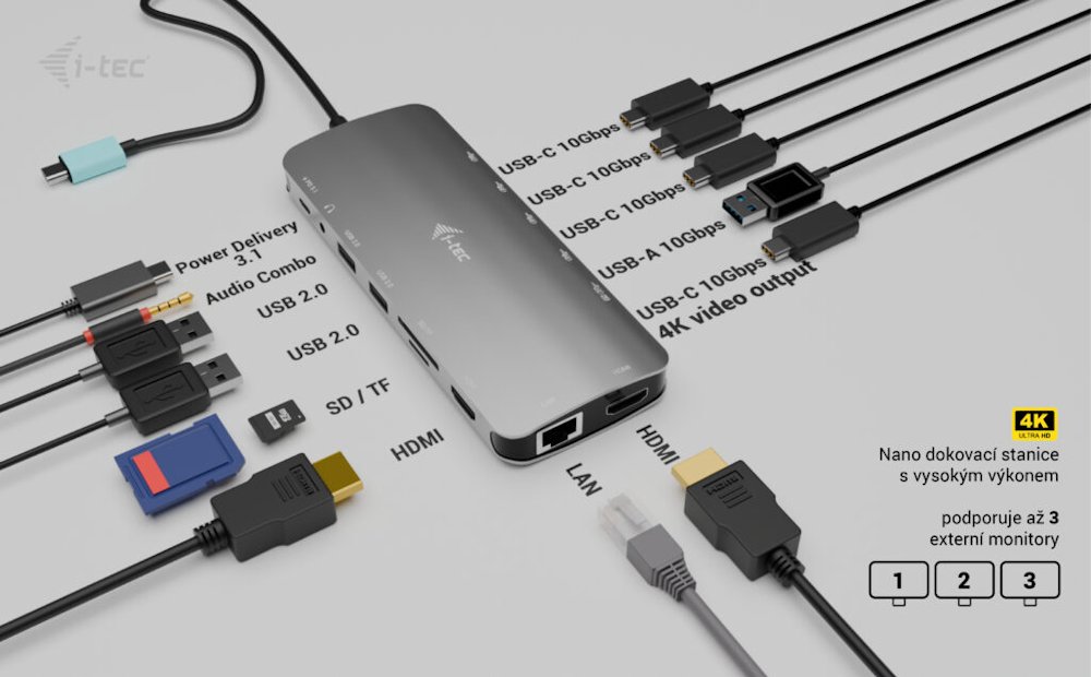 i-tec dokovací stanice USB-C Metal Nano 3x Display Dock, 2x HDMI 1x USB-C video, PD 140W + nabíječka 140 W