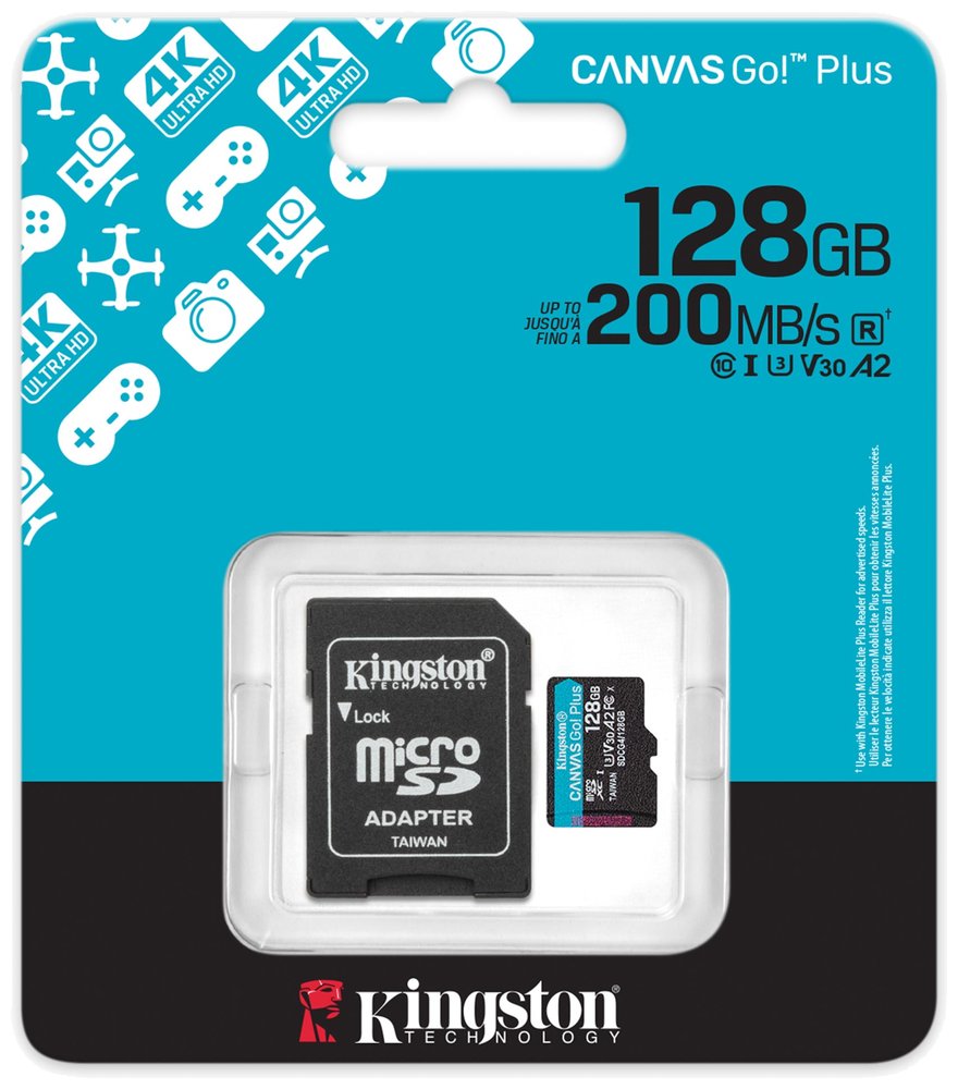 KINGSTON Canvas Go Plus Gen4 128GB microSDXC / C10 / UHS-I U3 V30 / up to  200MB/s / vč. adaptéru