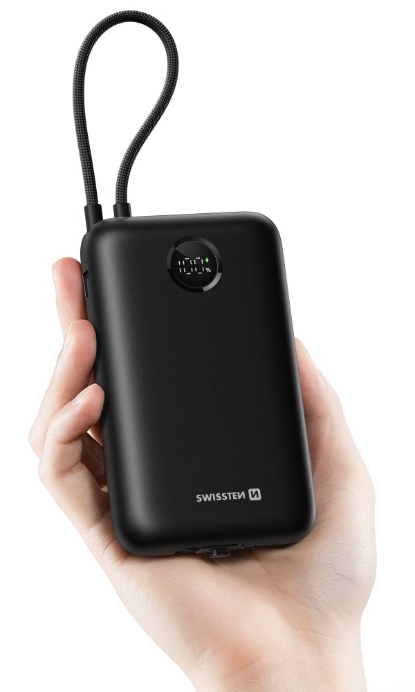 Swissten Power bank VOLTBOX 35W 30000 mAh s integrovanými kabely - USB-C, A, Lightning / černá