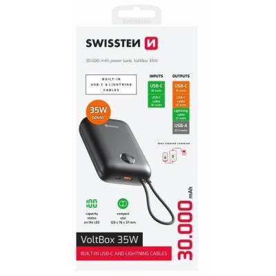 Swissten Power bank VOLTBOX 35W 30000 mAh s integrovanými kabely - USB-C, A, Lightning / černá