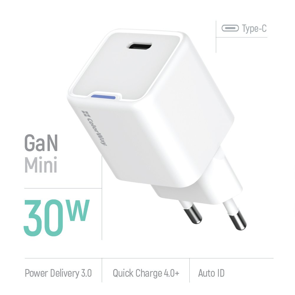 COLORWAY 1x USB-C/ síťová nabíječka/ GaN/ PD/ PPS/ 30W/ Bílá