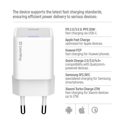 COLORWAY 1x USB-C/ síťová nabíječka/ GaN/ PD/ PPS/ 30W/ Bílá
