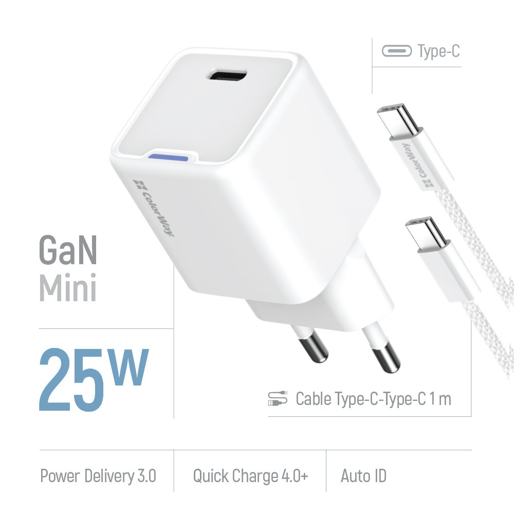 COLORWAY 1x USB-C/ síťová nabíječka/ GaN/ PD/ PPS/ 25W/ Včetně 100cm kabelu/ Bílá