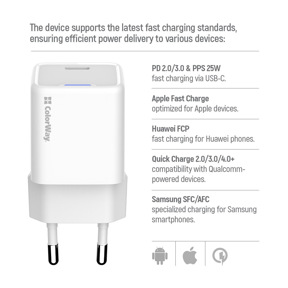COLORWAY 1x USB-C/ síťová nabíječka/ GaN/ PD/ PPS/ 25W/ Včetně 100cm kabelu/ Bílá