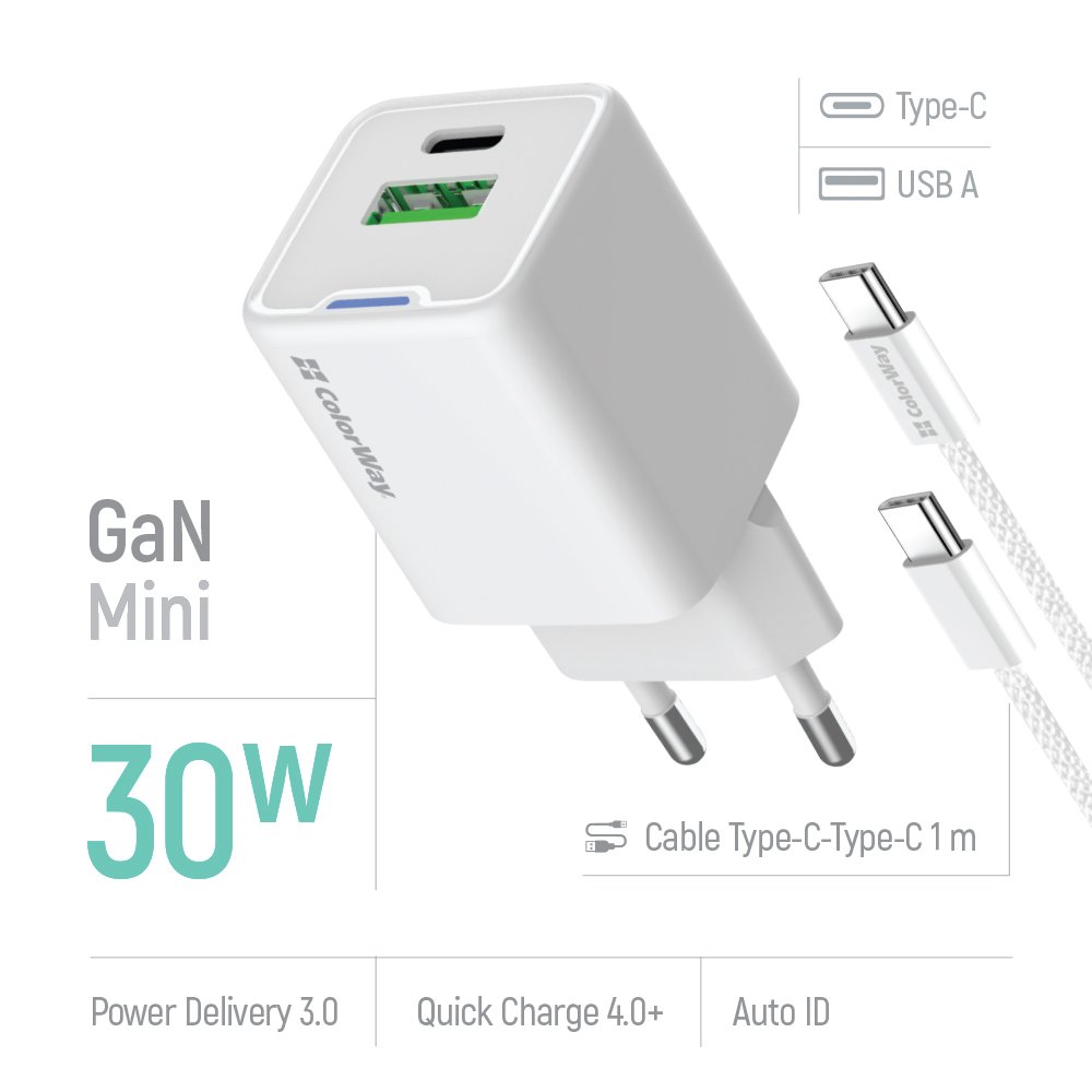COLORWAY 1x USB-C/ síťová nabíječka/ GaN/ PD/ PPS/ QC/ 30W/ Včetně 100cm kabelu/ Bílá
