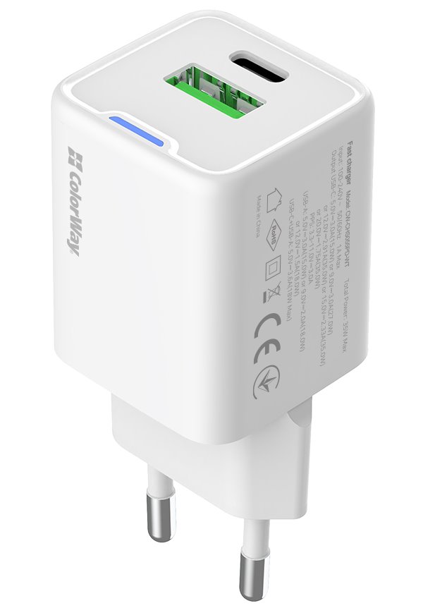 COLORWAY 1x USB-C/ síťová nabíječka/ GaN/ PD/ PPS/ QC/ 35W/ Včetně 100cm kabelu/ Bílá