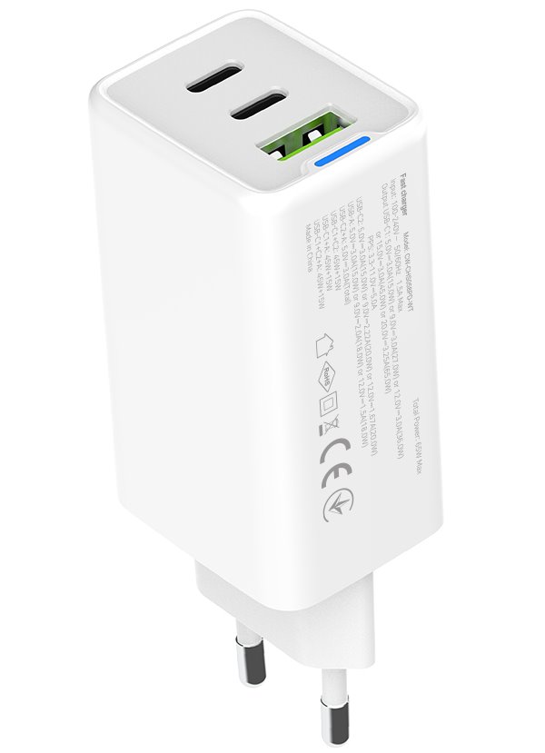 COLORWAY 2x USB-C, 1x USB-A/ síťová nabíječka/ GaN/ PD/ PPS/ 65W/ Bílá