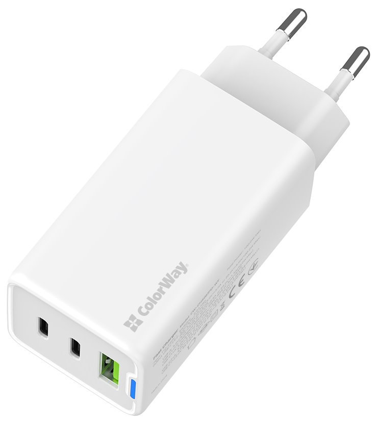 COLORWAY 2x USB-C, 1x USB-A/ síťová nabíječka/ GaN/ PD/ PPS/ 65W/ Bílá