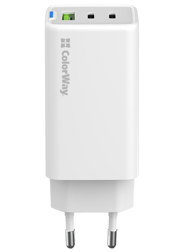 COLORWAY 2x USB-C, 1x USB-A/ síťová nabíječka/ GaN/ PD/ PPS/ 65W/ Včetně 2x kabelů, USB-C-USB-C, USB-C-Lightning/ Bílá