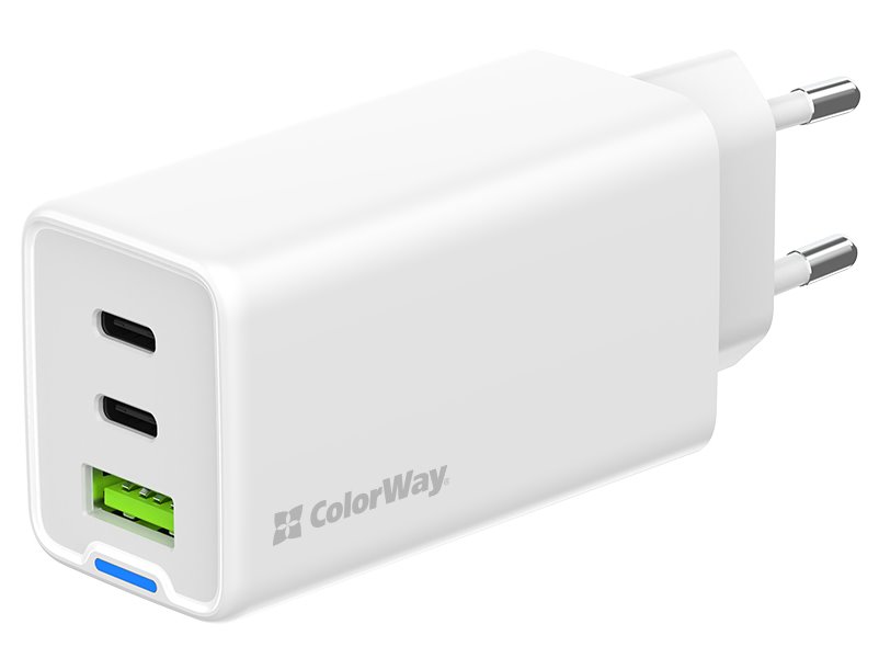 COLORWAY 2x USB-C, 1x USB-A/ síťová nabíječka/ GaN/ PD/ PPS/ 65W/ Včetně 2x kabelů, USB-C-USB-C, USB-C-Lightning/ Bílá
