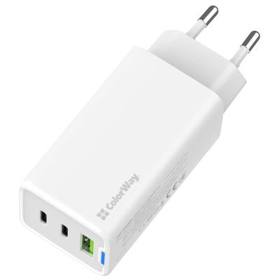 COLORWAY 2x USB-C, 1x USB-A/ síťová nabíječka/ GaN/ PD/ PPS/ 65W/ Včetně 2x kabelů, USB-C-USB-C, USB-C-Lightning/ Bílá
