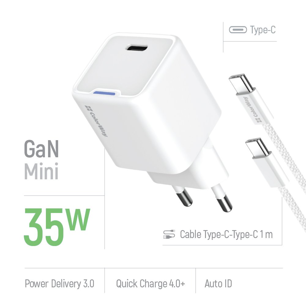 COLORWAY 1x USB-C/ síťová nabíječka/ GaN/ PD/ PPS/ 35W/ Včetně 100cm kabelu/ Bílá