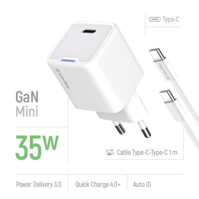 COLORWAY 1x USB-C/ síťová nabíječka/ GaN/ PD/ PPS/ 35W/ Včetně 100cm kabelu/ Bílá