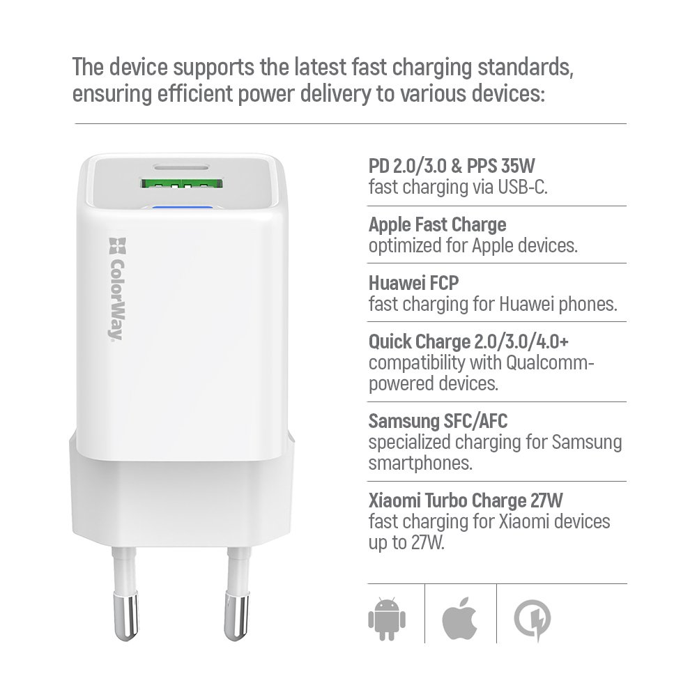 COLORWAY 1x USB-C/ síťová nabíječka/ GaN/ PD/ PPS/ QC/ 35W/ Bílá