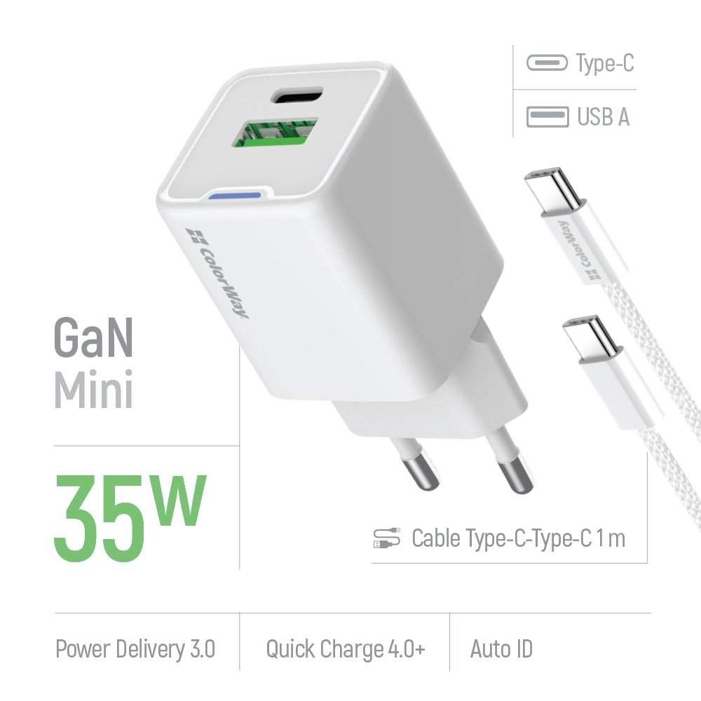 COLORWAY 1x USB-C/ síťová nabíječka/ GaN/ PD/ PPS/ QC/ 35W/ Včetně 100cm kabelu/ Bílá
