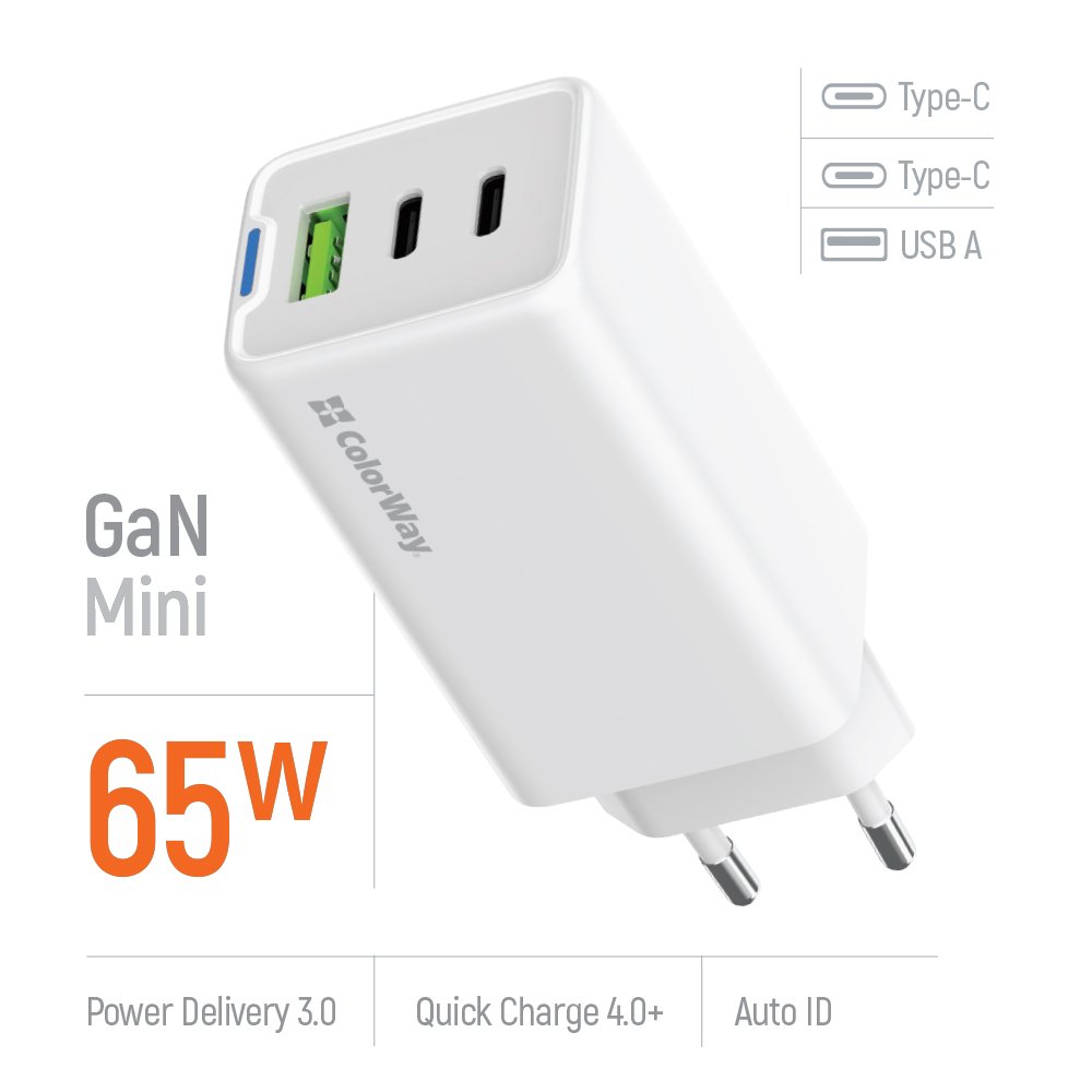 COLORWAY 2x USB-C, 1x USB-A/ síťová nabíječka/ GaN/ PD/ PPS/ 65W/ Bílá