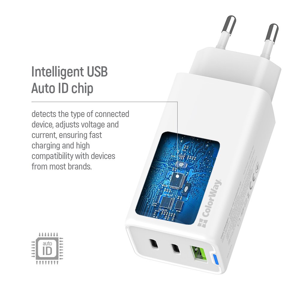 COLORWAY 2x USB-C, 1x USB-A/ síťová nabíječka/ GaN/ PD/ PPS/ 65W/ Bílá