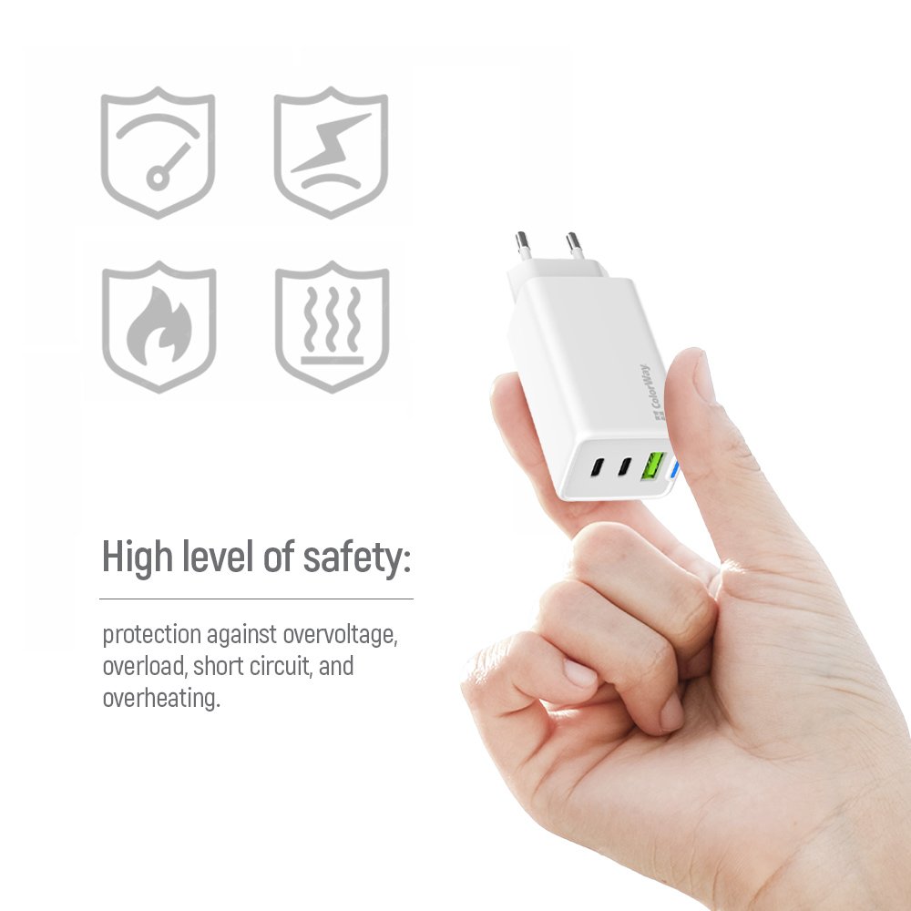 COLORWAY 2x USB-C, 1x USB-A/ síťová nabíječka/ GaN/ PD/ PPS/ 65W/ Bílá