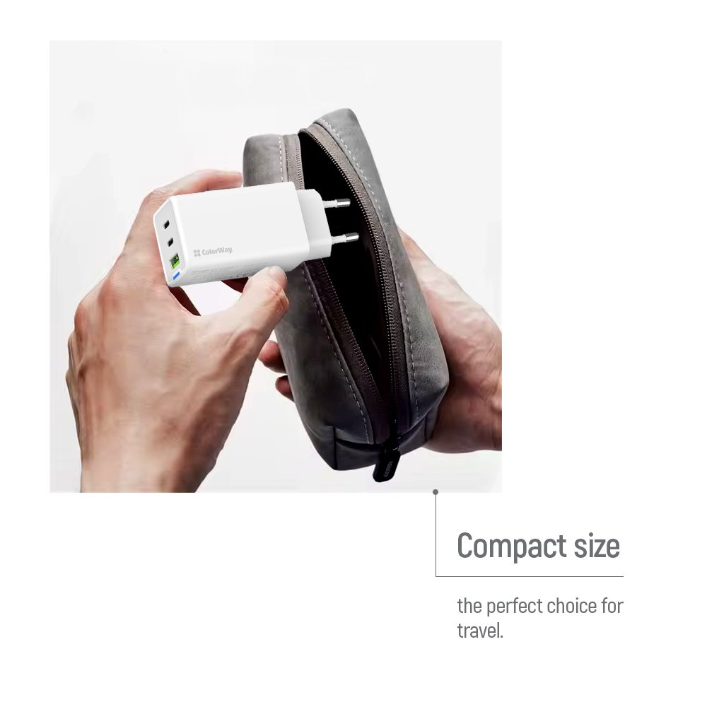 COLORWAY 2x USB-C, 1x USB-A/ síťová nabíječka/ GaN/ PD/ PPS/ 65W/ Včetně 2x kabelů, USB-C-USB-C, USB-C-Lightning/ Bílá