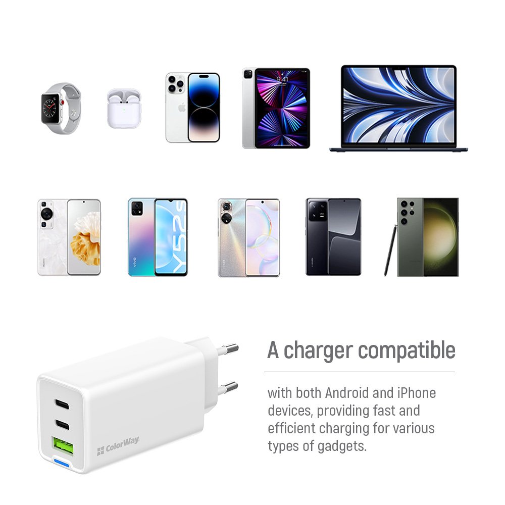 COLORWAY 2x USB-C, 1x USB-A/ síťová nabíječka/ GaN/ PD/ PPS/ 65W/ Včetně 2x kabelů, USB-C-USB-C, USB-C-Lightning/ Bílá