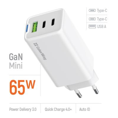 COLORWAY 2x USB-C, 1x USB-A/ síťová nabíječka/ GaN/ PD/ PPS/ 65W/ Bílá