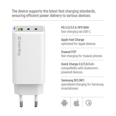 COLORWAY 2x USB-C, 1x USB-A/ síťová nabíječka/ GaN/ PD/ PPS/ 65W/ Bílá