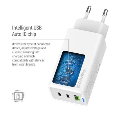 COLORWAY 2x USB-C, 1x USB-A/ síťová nabíječka/ GaN/ PD/ PPS/ 65W/ Bílá