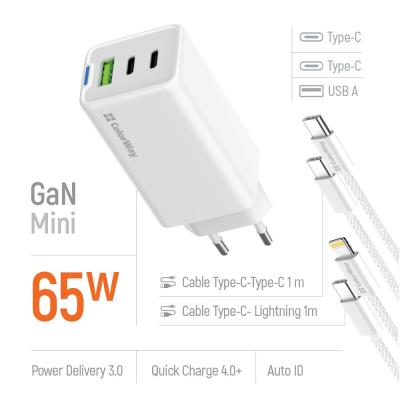 COLORWAY 2x USB-C, 1x USB-A/ síťová nabíječka/ GaN/ PD/ PPS/ 65W/ Včetně 2x kabelů, USB-C-USB-C, USB-C-Lightning/ Bílá