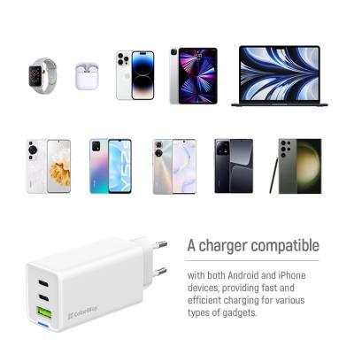 COLORWAY 2x USB-C, 1x USB-A/ síťová nabíječka/ GaN/ PD/ PPS/ 65W/ Včetně 2x kabelů, USB-C-USB-C, USB-C-Lightning/ Bílá