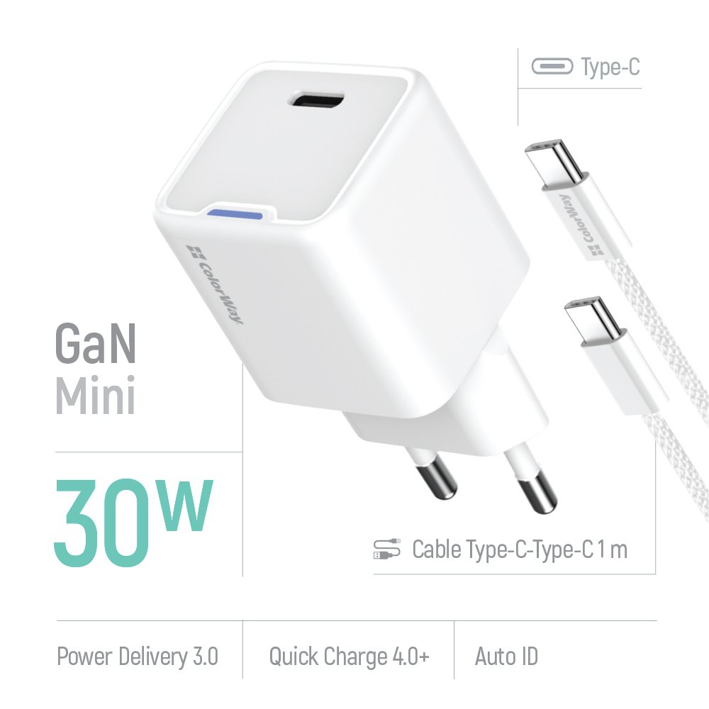 COLORWAY 1x USB-C/ síťová nabíječka/ GaN/ PD/ PPS/ 30W/ Včetně 100cm kabelu/ Bílá
