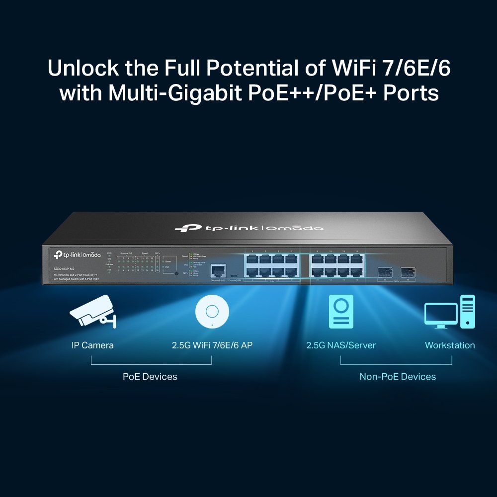 TP-Link SG3218XP-M2 Omada Switch 16x 2,5GLAN (8x Non-PoE + 8x PoE+), 2x 10G SFP+, PoE budget 240W, 1U 19"