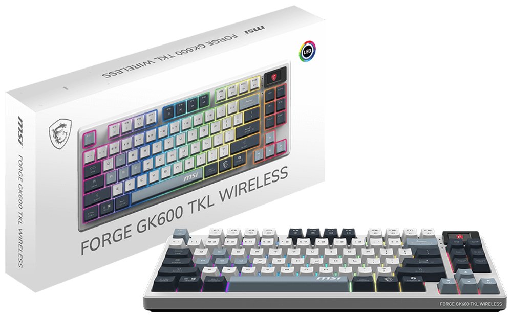 MSI herní klávesnice FORGE GK600 TKL Sky/ bezdrátová 2,4GHz+BT/ mechanická/ RGB/ USB-C/ display/ CZ+SK layout