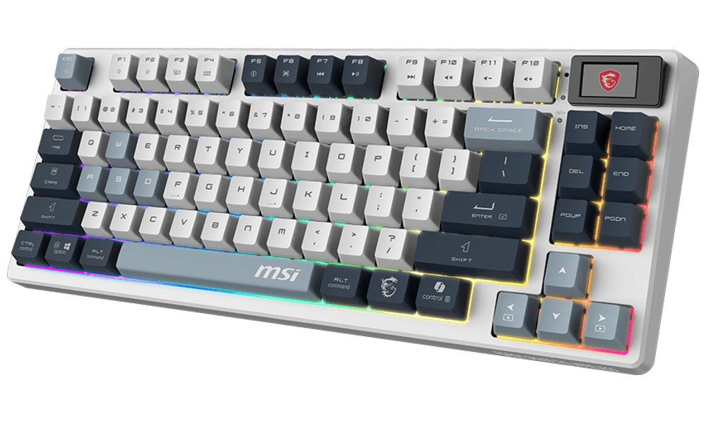 MSI herní klávesnice FORGE GK600 TKL Sky/ bezdrátová 2,4GHz+BT/ mechanická/ RGB/ USB-C/ display/ US layout