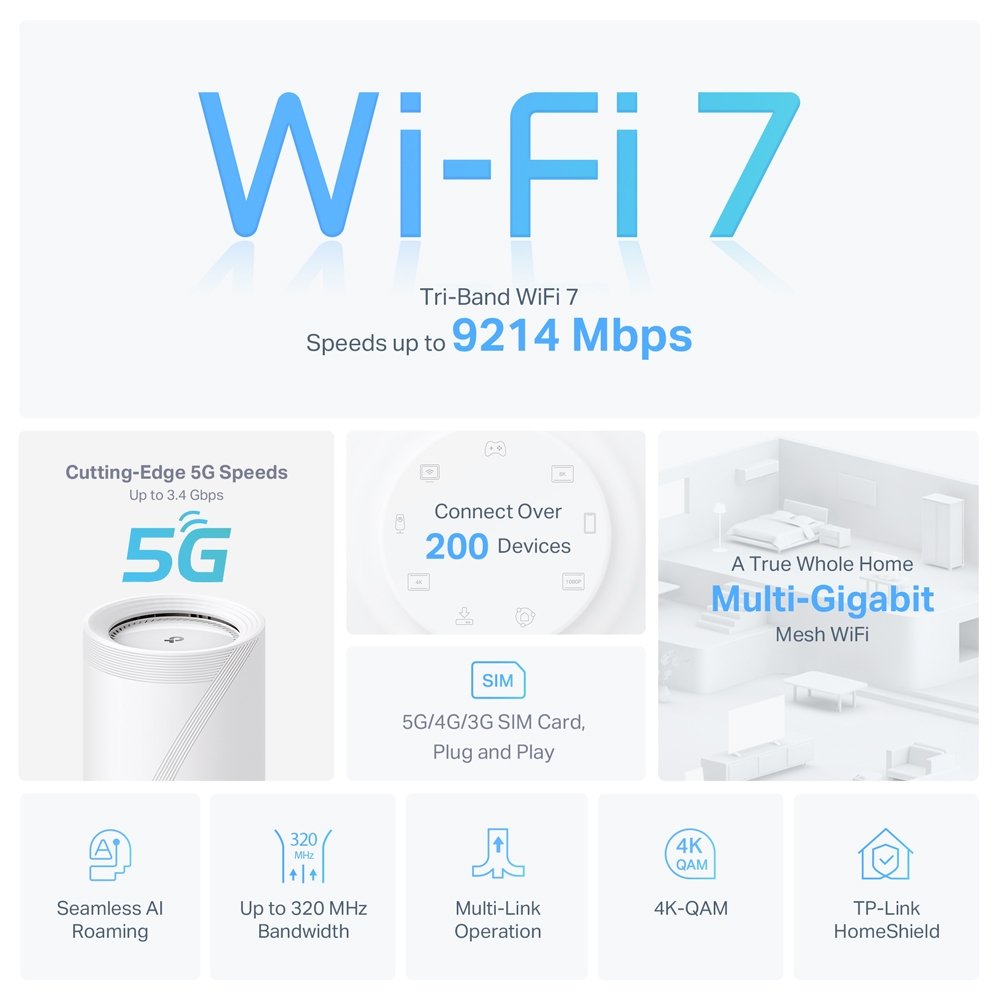 TP-Link Deco BE65-5G(1-pack) Mesh systém BE9300 s 5G modemem, WiFi 7, 3x 2.5GLAN, USB, 2,4/5/6GHz