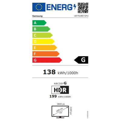 SAMSUNG SMART LED TV 75"/ UE75U8072/ 4K Ultra HD 3840x2160/ DVB-T2/S2/C/ H.265/HEVC/ 3xHDMI/ 1xUSB/ Wi-Fi/ LAN/ G