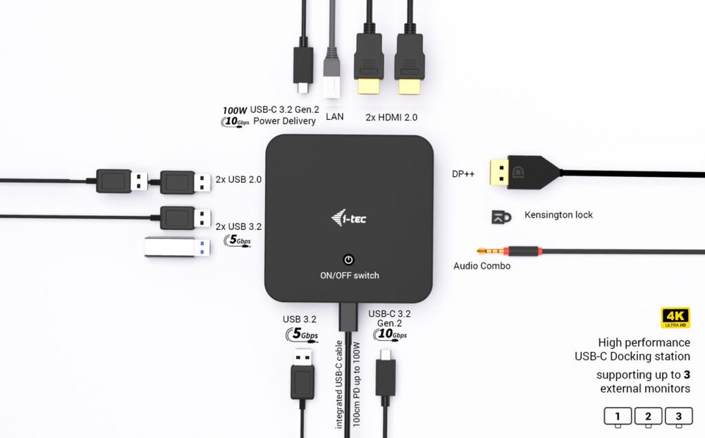 i-tec dokovací stanice USB-C DP Dual HDMI Docking Station, Power Delivery 100W + univerzální nabíječka 100W