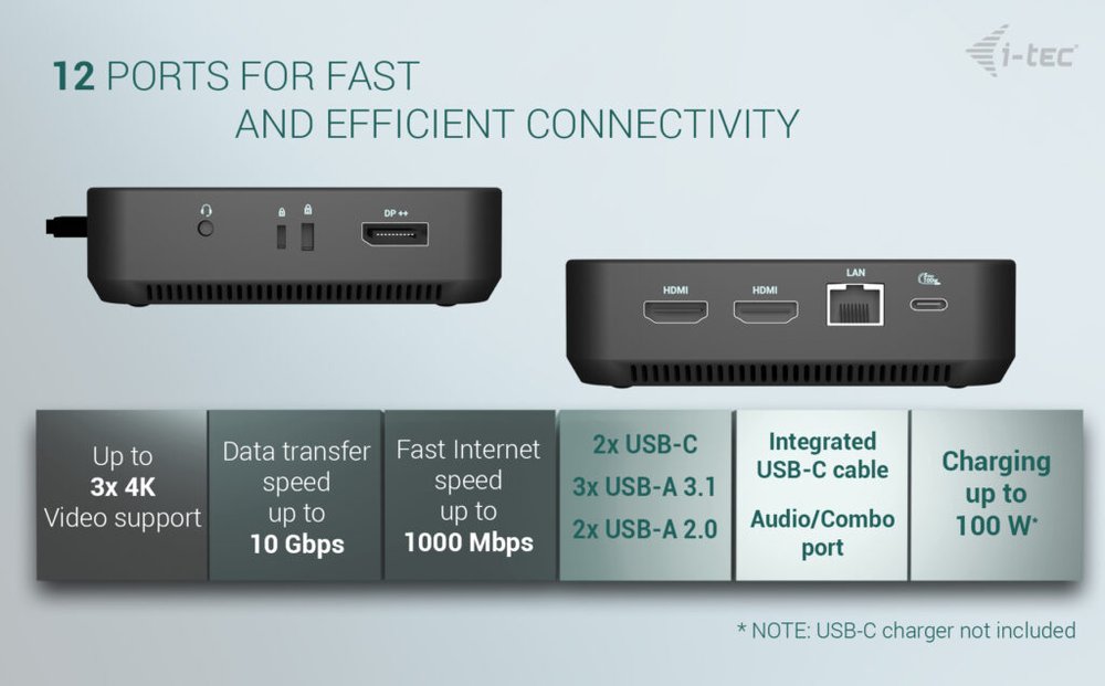 i-tec dokovací stanice USB-C DP Dual HDMI Docking Station, Power Delivery 100W + univerzální nabíječka 100W
